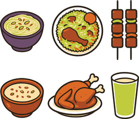 Asian Food Icons Set with Noodles, Kebabs and Chicken Meals