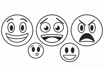 Set of three cartoon faces showing different emotions with stars above Keywords: emotion, face, happy