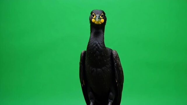 Elegant cormorant gracefully moving against vibrant green screen backdrop for wildlife documentary or nature filmmaking, stunning detail and vibrant colors