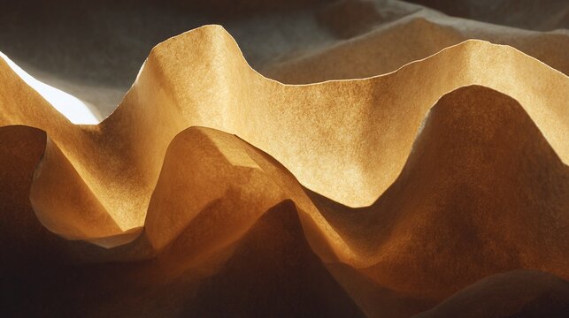 Layered, folded paper creates peaks and valleys, backlit with a warm glow