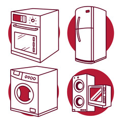 Kitchen Appliances Set Red Outline Drawing On White Background Keywords: kitchen, appliances, oven