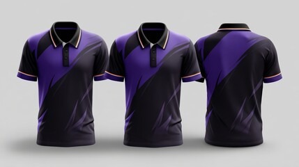 A stylish purple and black polo shirt is displayed from three angles, showcasing its modern design and unique color scheme, suitable for sports branding, casual wear, or fashion retail,