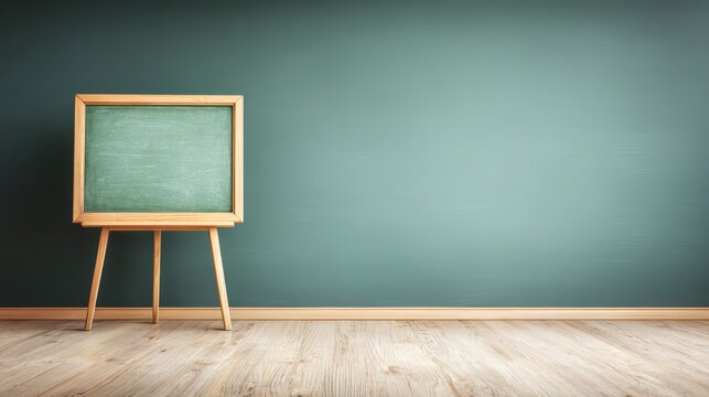 A wooden chalkboard stands against a minimalist green wall, ideal for educational and artistic projects, Use it for teaching materials, classroom settings, or inspirational content,