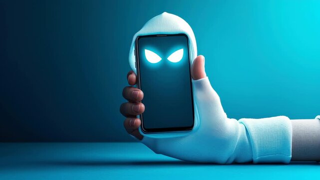 Gloved hand glove holds smartphone mobile device with glowing eyes screen display, anonymous hacker mask, dark cyber threat gadget mystery vigilance