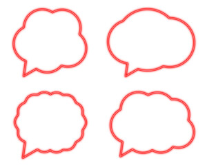 Red bubble speech comic neon light set shaped objects isolated on white background
