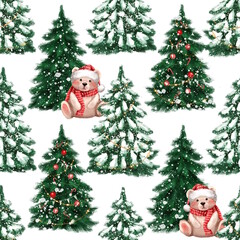 Seamless pattern Illustration with hand-drawn snow-covered Christmas trees and a cute teddy bear on a white background