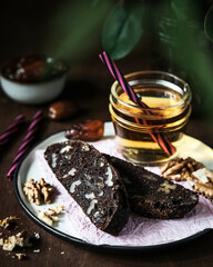 Chocolate walnut snack, Handmade bakery style served on clean table