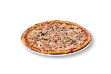 Freshly baked italian pizza with classic toppings of ham, mushrooms, and melted cheese