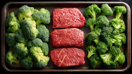 Fresh broccoli and raw beef steaks arranged neatly on a baking tray, ideal for promoting healthy meal prep, nutrition cooking classes, or recipe blogs focusing on balanced diets,