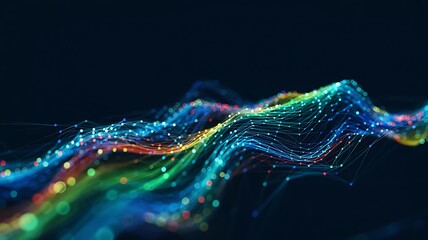 Vibrant abstract digital wave of glowing particles and lines representing data flow and network connections on a dark background