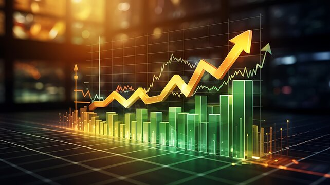 Glowing golden arrow graph shows upward trend over vibrant green bar chart representing financial growth and success