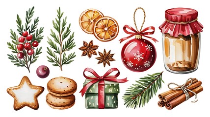 Festive christmas watercolor elements including star cookie gift box ornaments dried oranges cinnamon sticks and pine branches for holiday design