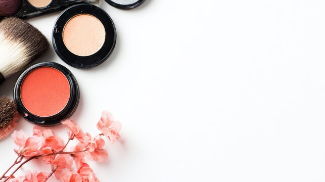 A flat lay of makeup items and brushes with a touch of delicate flowers, perfect for beauty blogs, makeup tutorials, or cosmetic advertisements, This image captures elegance and creativity,