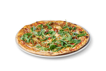Freshly baked pizza serving a delicious meal on a white background