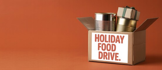 Donation box filled with canned goods and food items for a holiday food drive campaign to help those in need