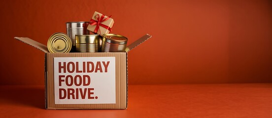 Donation box filled with canned goods and a small gift promoting a holiday food drive for those in need during the festive season