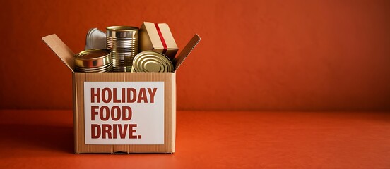 Cardboard box filled with canned goods and essential food items for a holiday food drive donation against a warm orange background