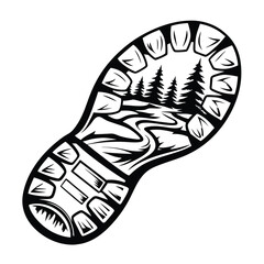 Black boot print shows winding trail leading to mountains and evergreens