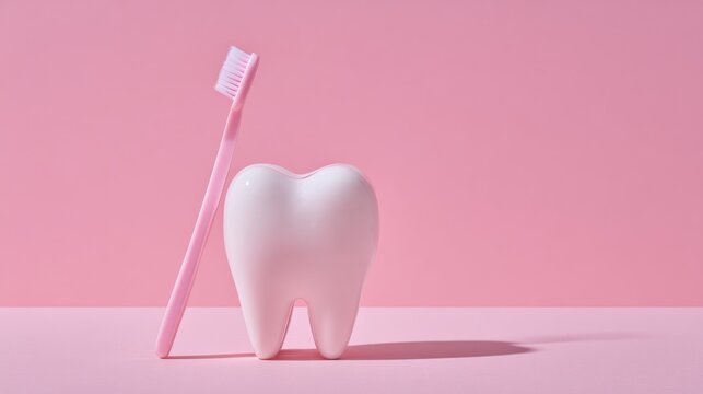 Minimalist composition of a white tooth model and a pink toothbrush on a pastel pink background, representing dental hygiene, oral care, and modern healthcare aesthetics. - Powered by Adobe