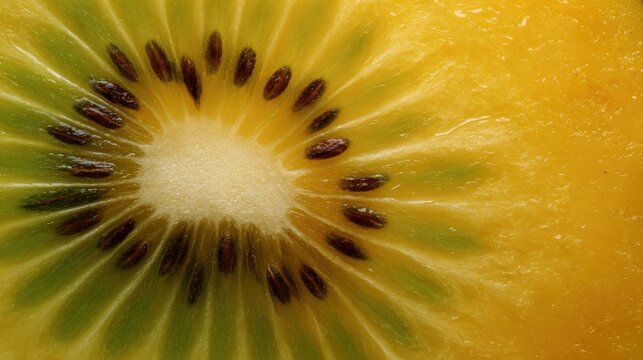 A close-up view of a fresh kiwi slice revealing its vibrant green flesh and unique seed pattern, ideal for food blogs, healthy recipes, and nutrition presentations,