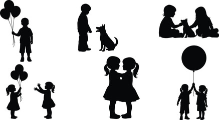 Silhouette collection of children with balloons, kids playing with pets, friends interacting, playful moments, cute childhood scenes for creative projects