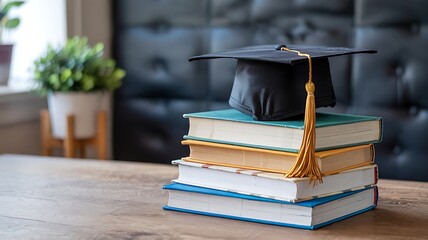 Academic achievement symbolized by graduation cap resting on stack of books on wooden table with blurred plant background