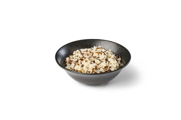 Cooked wild and white rice in a black bowl on a white background