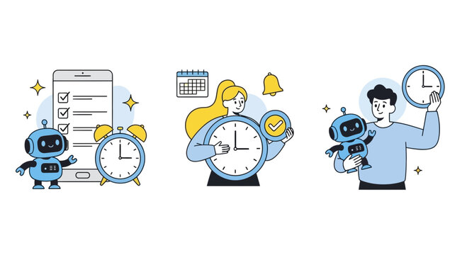 Vector illustration of illustration of illustration set depicting time management concepts with people, robots, clocks, and task lists