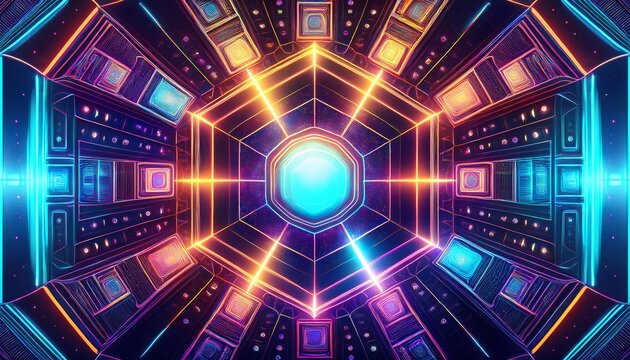 abstract fractal background of glowing hexagonal geometric shapes and vivid alien structures - Powered by Adobe