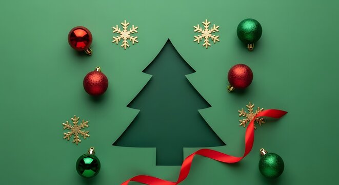 Minimalist christmas tree cutout with ornaments and ribbon on green