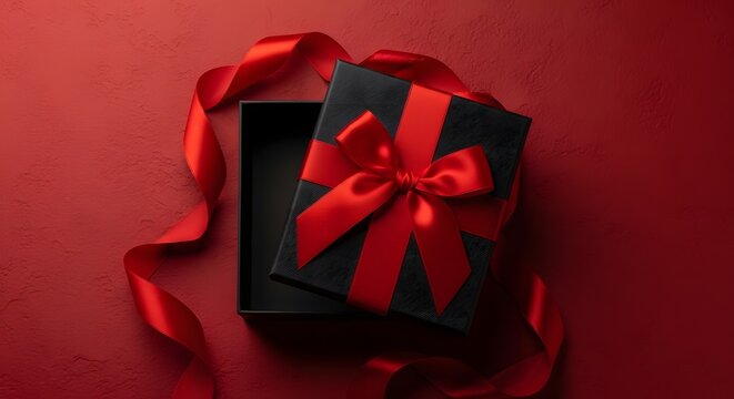 Open black gift box with red ribbon on matching red background