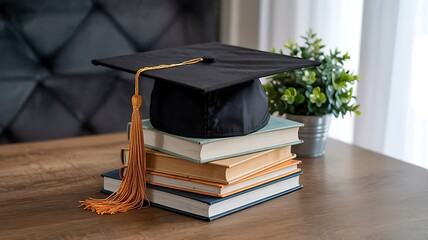 A graduation cap rests on a stack of old books on a wooden desk symbolizing academic achievement and the pursuit of knowledge