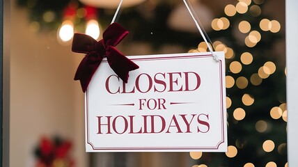 Charming square sign announcing closed for holidays with a festive red bow hanging on a storefront window with blurred bokeh lights