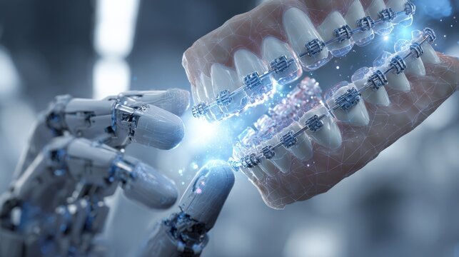 Close-up of a robotic hand interacting with a digital model of human teeth, representing advanced dental technology and artificial intelligence in medical innovation.