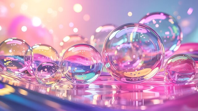 Close up of iridescent translucent water beads or hydrogel spheres reflecting vibrant pink purple and blue light with bokeh effects
