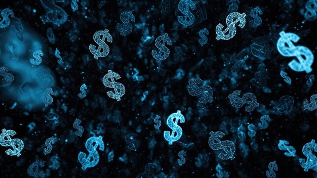 digital chaos symbols, swirling currency symbols amidst dark technology backdrop, blue currency signs and glowing fintech icons depict chaotic online financial environment with cybersecurity elements