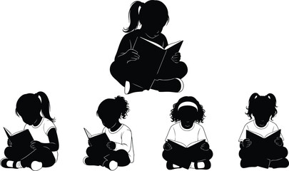Silhouettes of children sitting and reading books, peaceful study poses, young readers focused on learning in simple black outline design