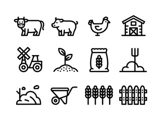 A set of farm icons includes a cow, pig, chicken, barn, windmill, plant, wheat bag, pitchfork, pile of dirt, wheelbarrow, wheat stalks, and a fence.