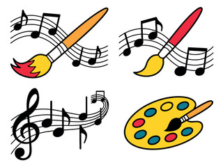 Art and music symbols are creatively intertwined in this colorful illustration.