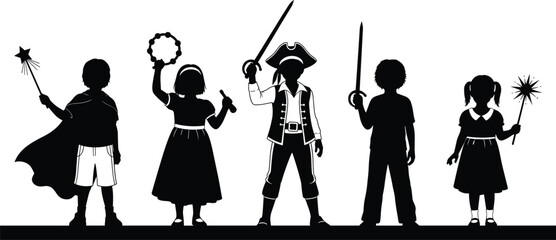 Silhouettes of children in costumes holding props, fantasy and pirate dress-up characters, playful kid role-play outlines on white background