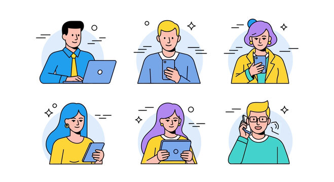 Vector illustration of illustration of set of six diverse user profile icons showing people using laptop, smartphone, and tablet device