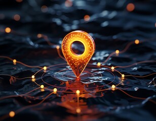 Glowing orange location pin marker illuminated with digital network connections and abstract futuristic city lights background