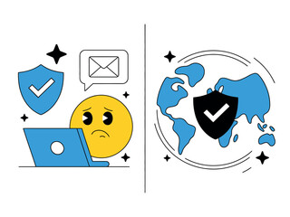 Digital security and global network protection are represented by shields on a laptop and earth.