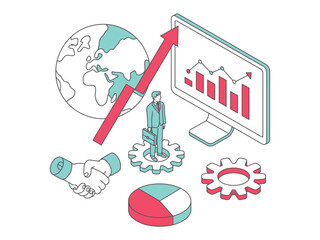 Business growth and global market analysis is depicted through icons and charts.