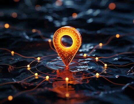 Glowing orange location pin marker illuminated with digital network connections and abstract futuristic city lights background