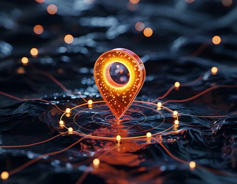 Glowing digital location pin with interconnected illuminated nodes and abstract futuristic background representing data and connectivity