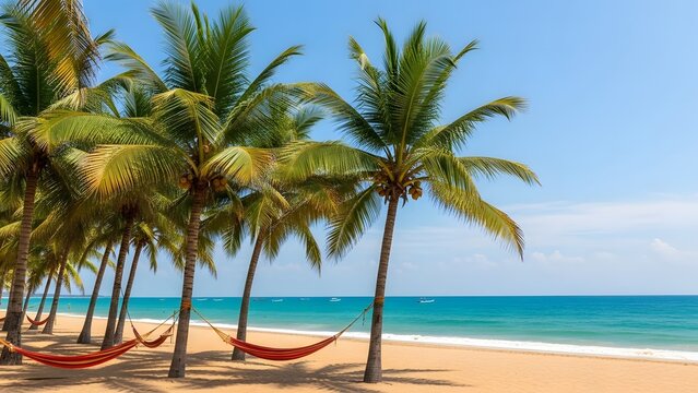 Tropical beach paradise with hammocks hanging from palm trees on sandy shore