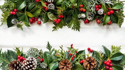 Festive christmas garland with pine cones and red berries adorning a rustic white wooden background for holiday decoration