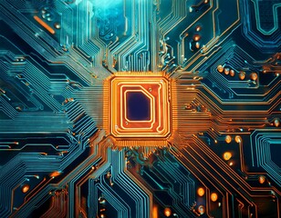 intricate glowing circuit board with vibrant teal and orange pathways symbolizing technology