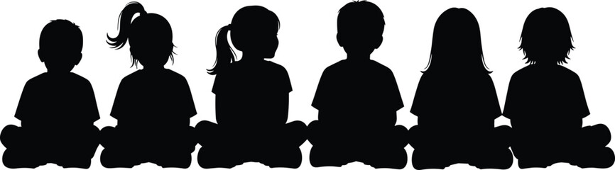 Silhouette children sitting together in a row, peaceful youth group, unity, diversity, childhood concept, education theme, isolated black figures